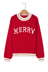 Fiery Red MERRY Pattern Colorblock Edge Drop Shoulder Cozy Sweater