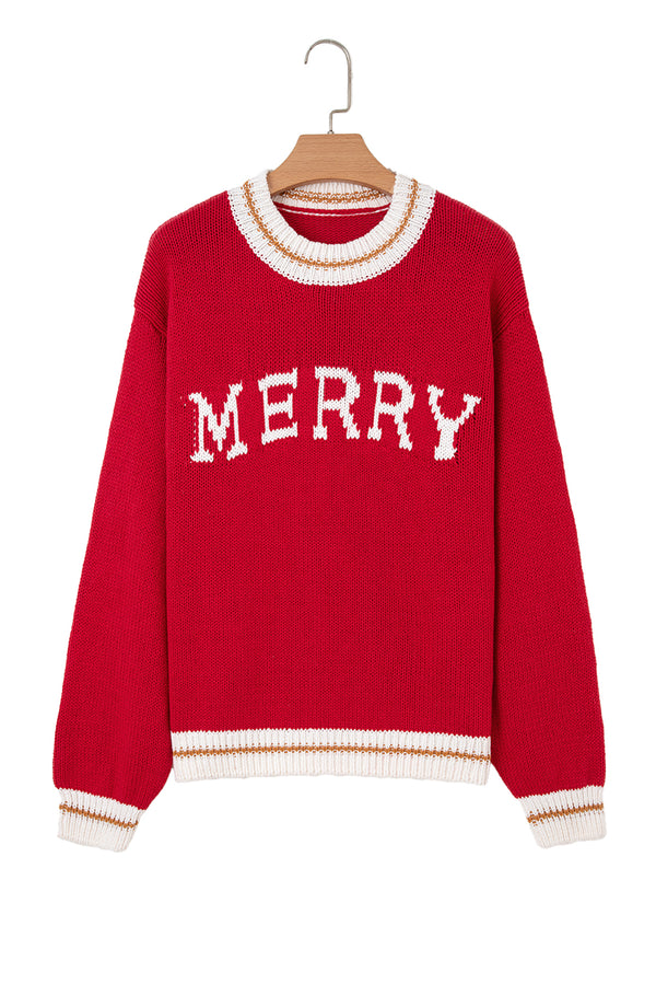 Fiery Red MERRY Pattern Colorblock Edge Drop Shoulder Cozy Sweater