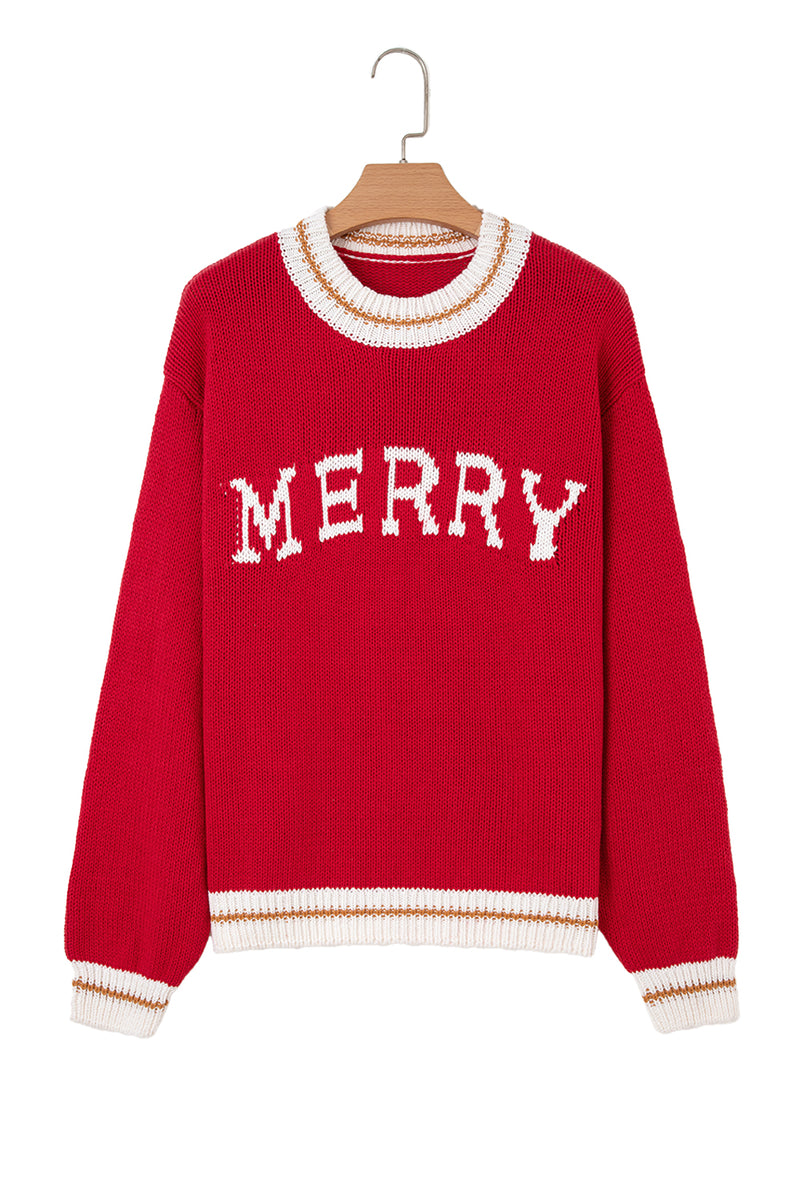 Fiery Red MERRY Pattern Colorblock Edge Drop Shoulder Cozy Sweater