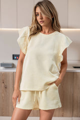 Black Textured Ruffle Sleeve Tee and Drawstring Shorts Set