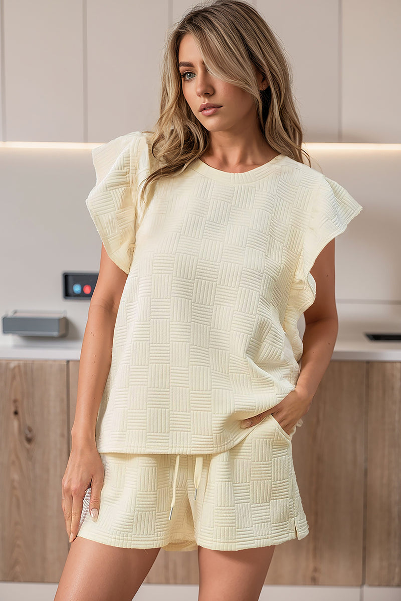 Black Textured Ruffle Sleeve Tee and Drawstring Shorts Set