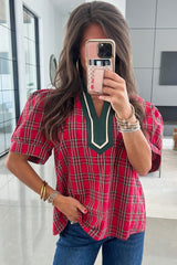 Red Plaid Print Contrast Trim V Neck Short Sleeve Blouse