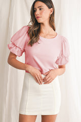 Light Pink Scoop Neck Puff Sleeve Blouse