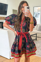 Black Retro Floral Print Button Down Belted Short Puff Sleeve Mini Dress