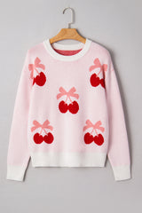 White Cherry Pattern Drop Shoulder Sweater