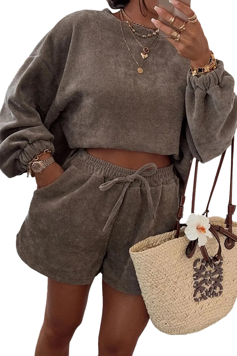 Dark Brown Textured Knit Drop Shoulder Pullover Drawstring Shorts Set