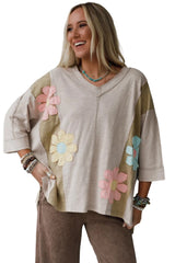 Pink Flower Patched Exposed Seam 3/4 Sleeve top