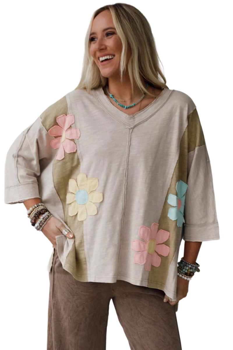Pink Flower Patched Exposed Seam 3/4 Sleeve top