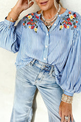 Sky Blue Stripe Floral Embroidered Billowy Sleeve Tunic Baggy Shirt