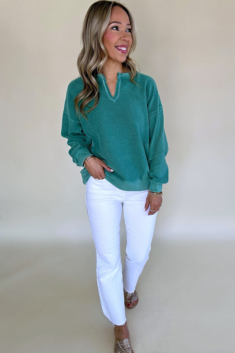 Bright Pink Notched Neck Exposed Seam Drop Shoulder Sweatshirt