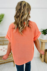 Grapefruit Orange Waffle V Neck Short Sleeve Knit Top