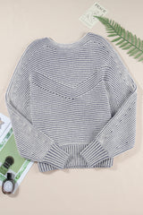 Light French Beige Striped Print Ribbed Knit Raglan Sleeve Baggy Sweater