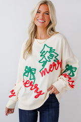 Beige Corded Christmas Pattern Oversize Sweatshirt