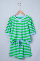 Red Stripe Puff Short Sleeve T Shirt Matching Shorts Set