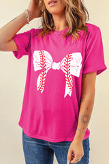 Rose Red Casual Baseball Bowknot Graphic Tee