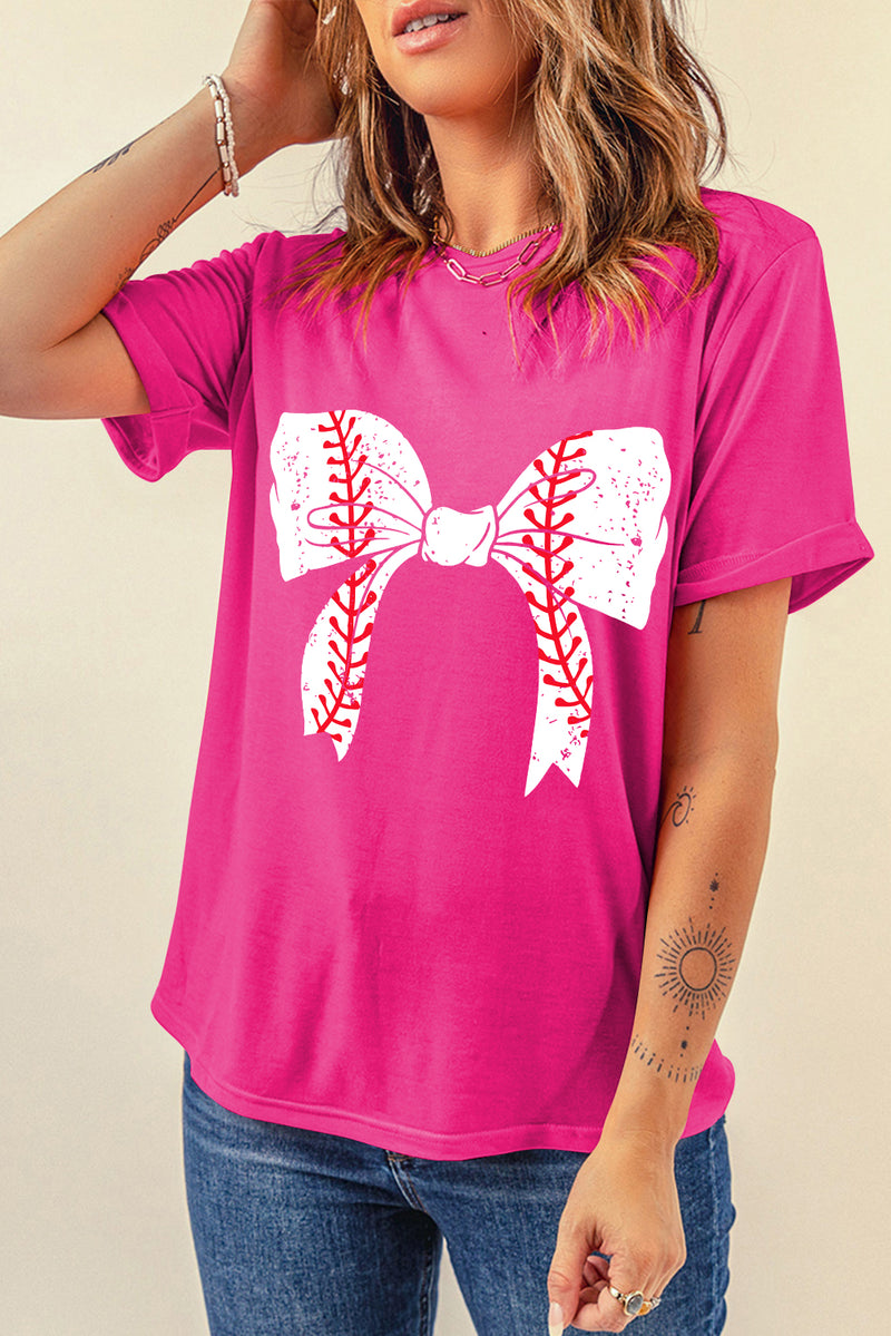 Rose Red Casual Baseball Bowknot Graphic Tee