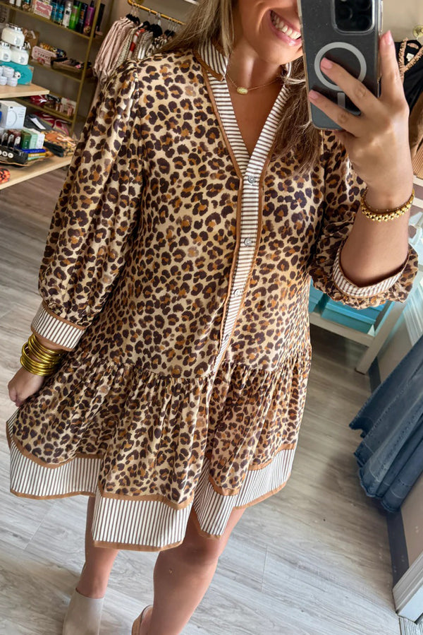 Brown Leopard Print Contrast Striped Long Sleeve Button Dress