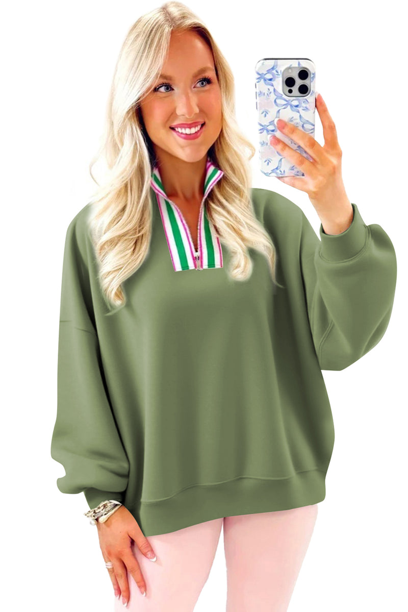 Vineyard Green Pop of Color Collared Patchwork Pullover Sweatshirt