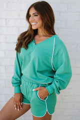Dark Green V Neck Piping Trim Pullover Top and Shorts Set