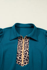 Sea Green Leopard Patchwork Detail Quarter Zip Collared Plus Size Mini Dress