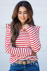 Red Striped Ruffle Shoulder Long Sleeve Top