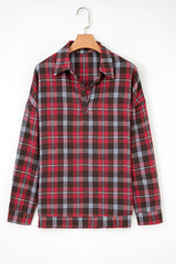 Red Plaid Print Collared V Neck Loose Blouse with Side Slits