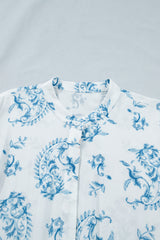 Sky Blue Plus Size Geometric Floral Print Button Split Neck Short Sleeve Maxi Dress