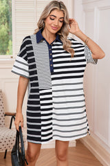 Black Striped Patchwork Collared Mini Dress