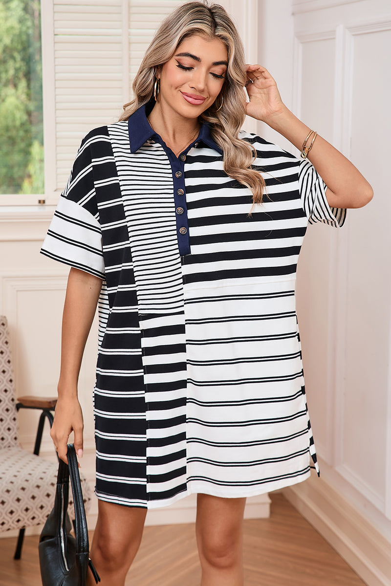Black Striped Patchwork Collared Mini Dress