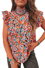 Orange Floral Print Smocked Neck Flutter Shoulder Blouse
