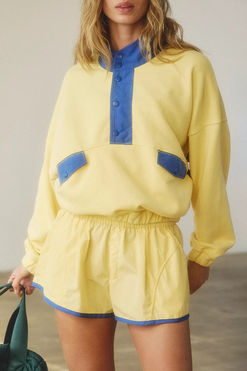 Yellow Colorblock Patchwork Half Button Pullover and Shorts Outfit