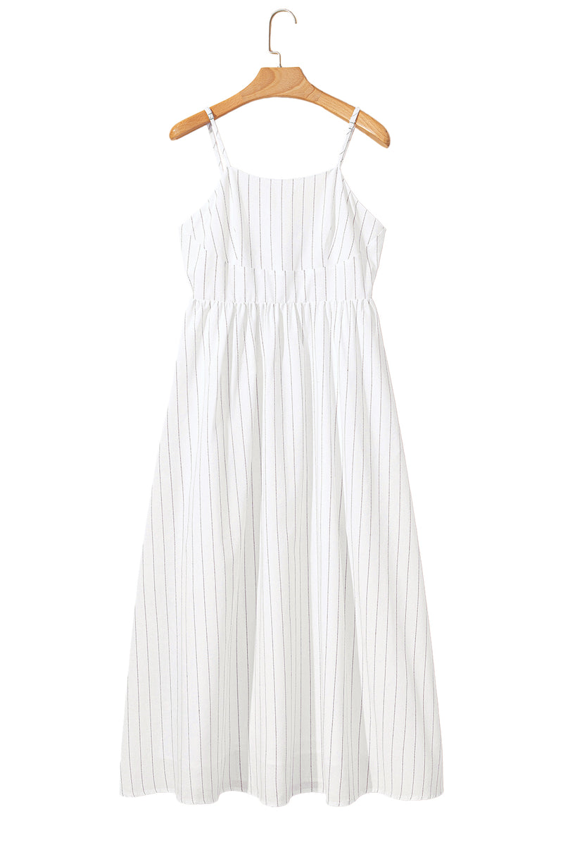 Beige Stripe Spaghetti Strap Pocketed High Waist Maxi Dress