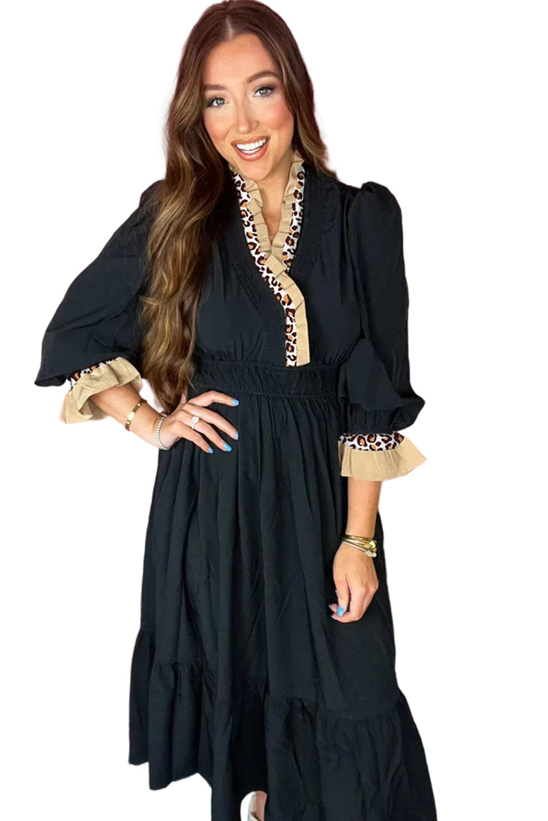 Black Leopard Contrast Color Ruffle Bracelet Sleeve Midi Dress