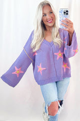 Lavendula Brushed Star Graphic V Neck Drop Shoulder Oversize Sweater