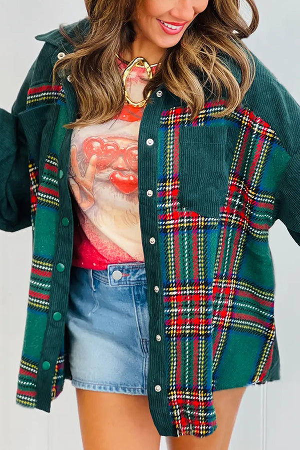 Evergreen Corduroy & Plaid Patchwork Raw Hem Pocket Shacket