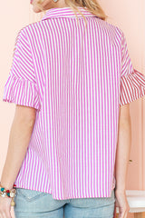Pink Striped Patchwork Ruffle Button Up Shirt