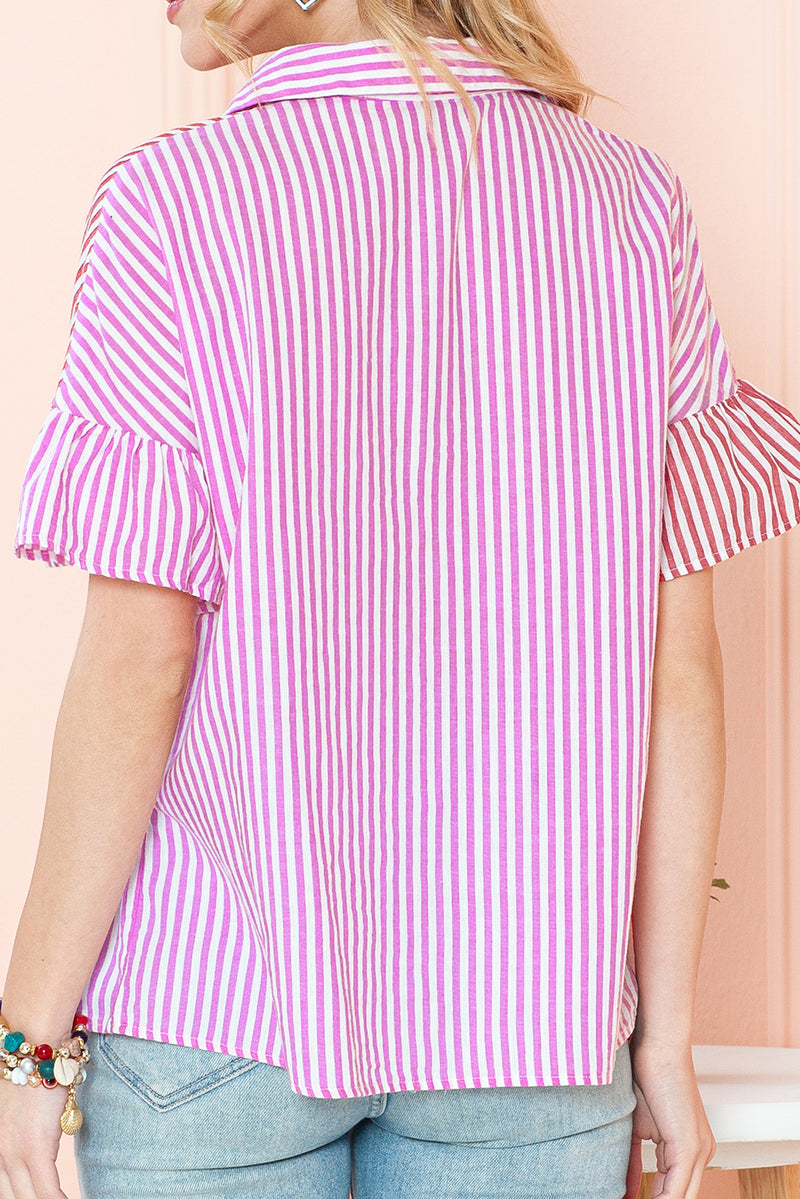 Pink Striped Patchwork Ruffle Button Up Shirt