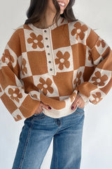 Red Dahlia Flower Colorblock Checkered Henley Sweater