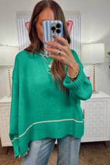 Sea Green Contrast Detail Drop Shoulder Baggy Sweater