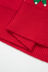 Fiery Red Bow Pearl Embellished Christmas Holiday Sweater