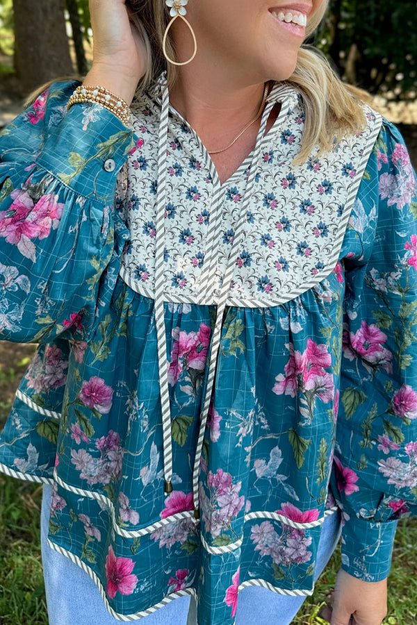Sky Blue Floral Print Contrast Yoke Patchwork Striped Trim Long Puff Sleeve Blouse