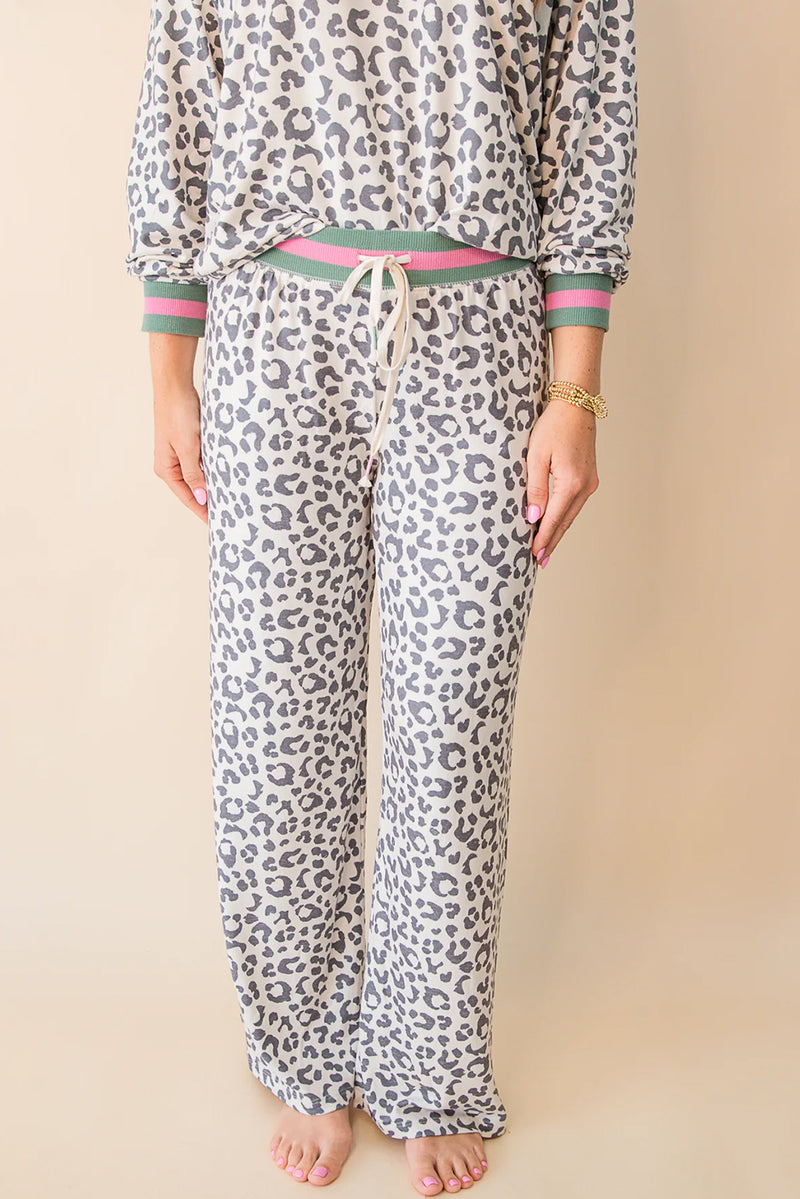 Gray Leopard Contrast Trim Long Sleeve Pullover and Pants Set