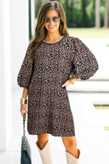Black Leopard Print Bubble Sleeve Shift Mini Dress