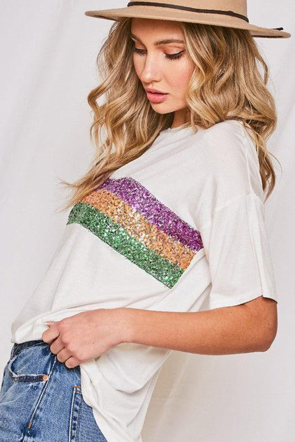 White Colorblock Sequin Mardi Gras Crewneck T Shirt