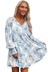 Sky Blue Floral Print Tie Neck Long Sleeve Flowy Mini Dress
