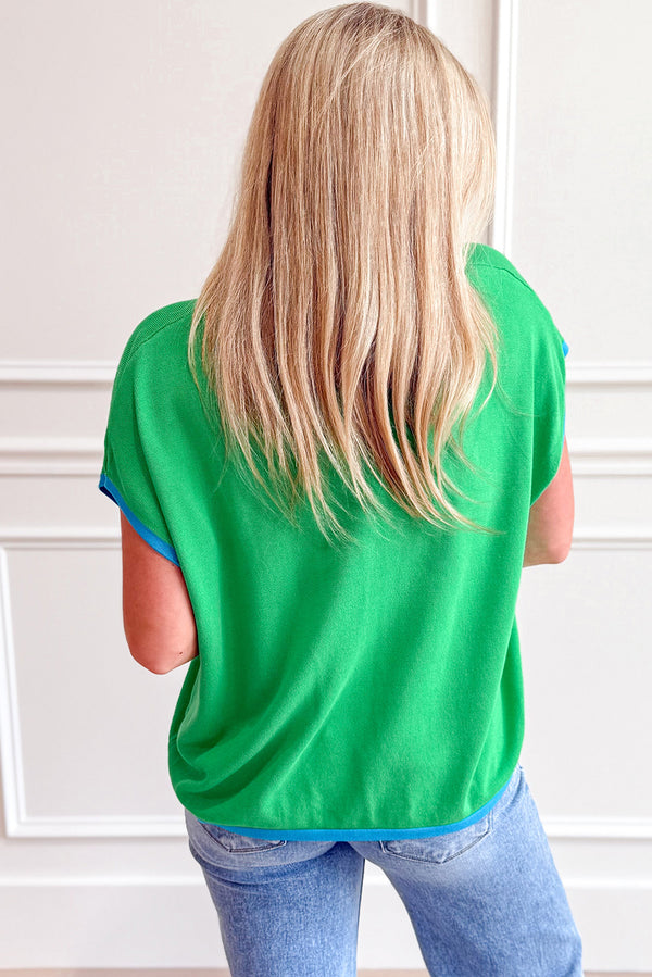 Green Contrast Trim Round Neck Short Sleeve Loose Knit Top