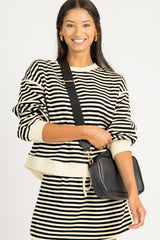 Black Stripe Textured Drop Shoulder Pullover Top Drawstring Mini Skirt Two Piece Dress Set