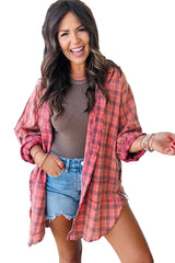 Red Plaid Long Sleeve Distressed Hem Shirt