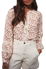 Khaki Printed Floral Print Lace Detail Puff Sleeve Fall Shirt