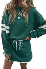 Fiery Red Varsity Stripe Detail Drop Shoulder Pullover Mini Skirt Set